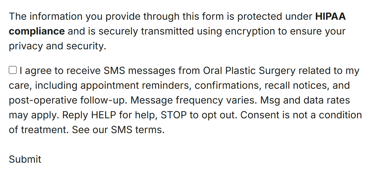Screenshot of the appointment request form on oralplasticsurgery.com showing the unchecked SMS consent checkbox above the Submit button, with no consent required to submit the form