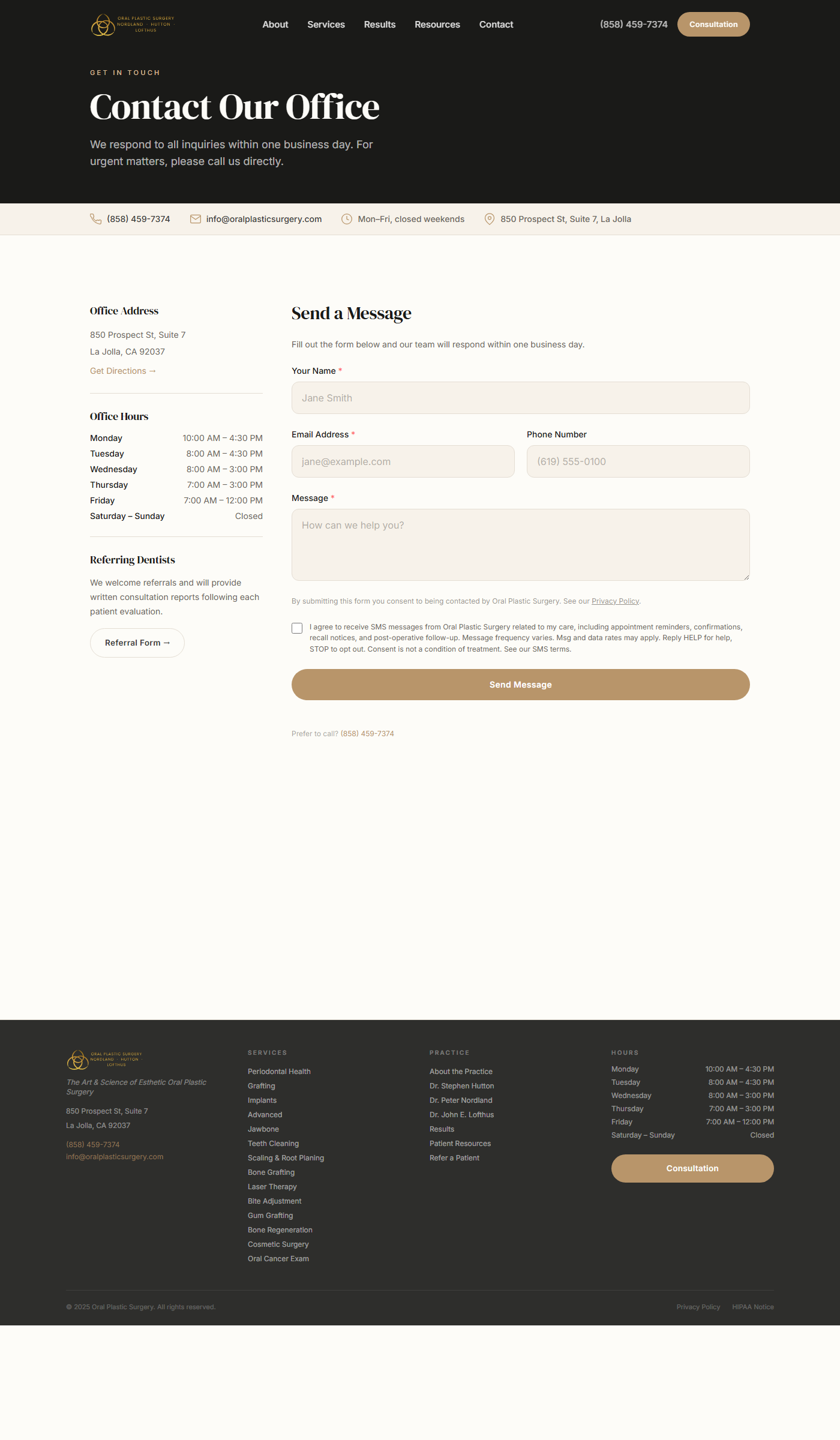 Screenshot of the contact form on oralplasticsurgery.com showing the unchecked SMS consent checkbox above the Send Message button